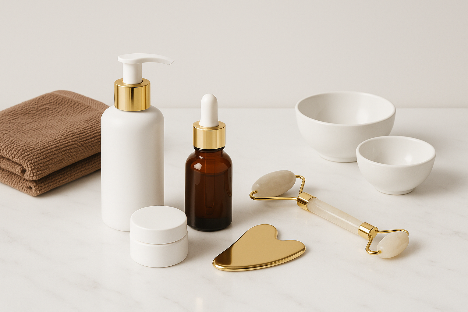 skincare time using white, gold, browns, and gold colors with a clean modern feel 